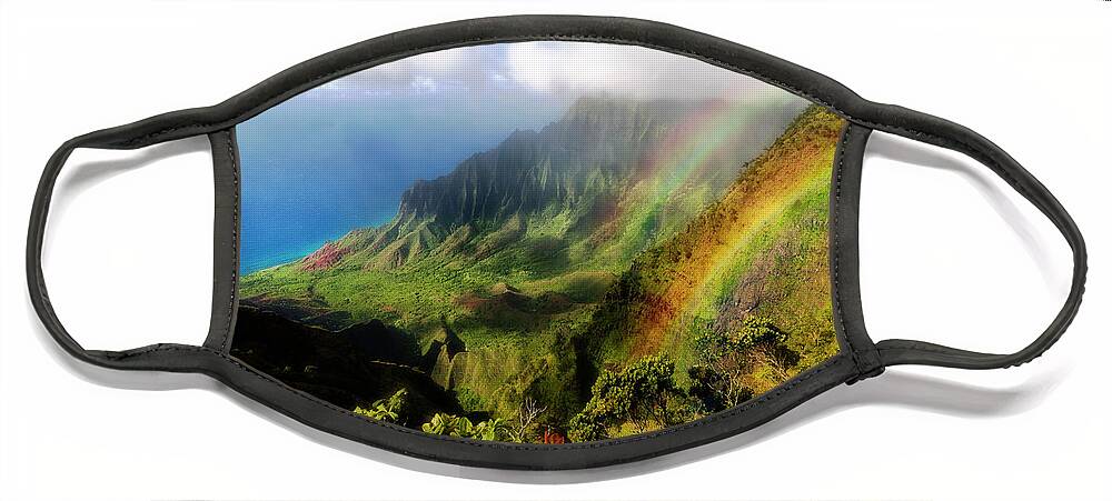 Lifeguard Face Mask featuring the photograph Kalalau Valley Double Rainbows Kauai, Hawaii by Lawrence Knutsson