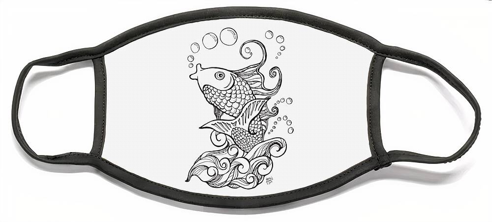 Koi Face Mask featuring the drawing Koi Fish and Water Waves by Laura Ostrowski