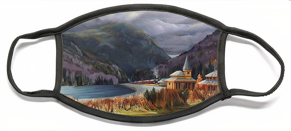 White Mountain Art Face Mask featuring the painting Last Train to Crawford Notch Depot by Nancy Griswold