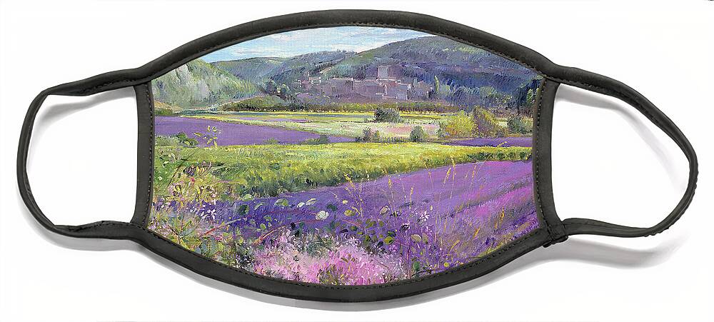 Field; South Of France; French Landscape; Hills; Hill; Landscape; Flower; Flowers Face Mask featuring the painting Lavender Fields in Old Provence by Timothy Easton
