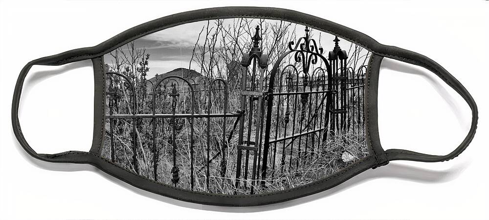 Cemetery B&w Face Mask featuring the photograph Leaning Cemetery Gate by Sandra Dalton