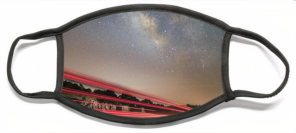 Milky Way Face Mask featuring the photograph Light Trails and Milky Way Over Cricket Creek Bridge by Hal Mitzenmacher