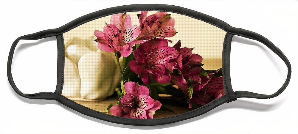 Peruvian Lilies Face Mask featuring the photograph Lilies and a Candle Holder by Cheryl Day