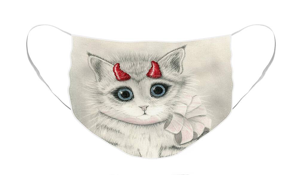 Cute Kitten Face Mask featuring the drawing Little Red Horns - Cute Devil Kitten by Carrie Hawks