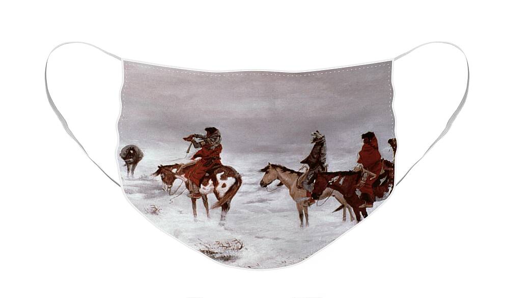 Lost In A Snow Storm We Are Friends 1888 Face Mask featuring the painting Lost in a Snow Storm We Are Friends by Charles Marion Russell