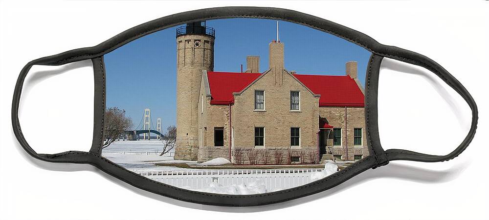 Old Mackinac Point Face Mask featuring the photograph Mackinac Bridge and Light by Keith Stokes
