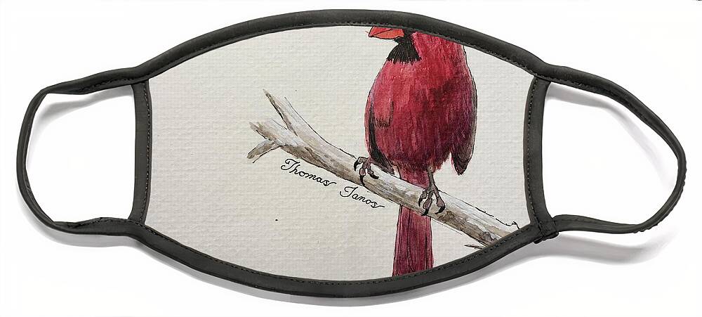 Cardinal Face Mask featuring the painting Male Cardinal in winter by Thomas Janos