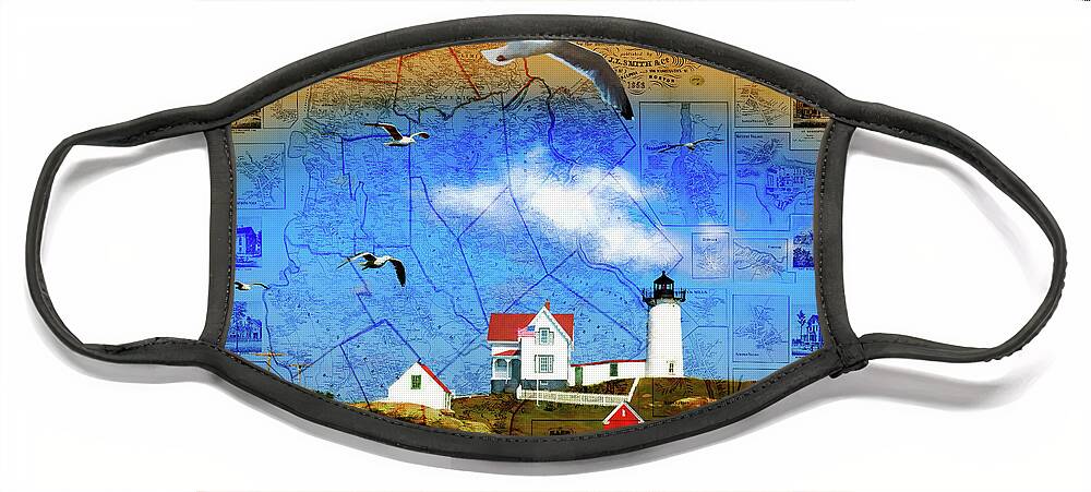 Seagulls Face Mask featuring the digital art Map of York County ME with Nubble Light by Barry Wills