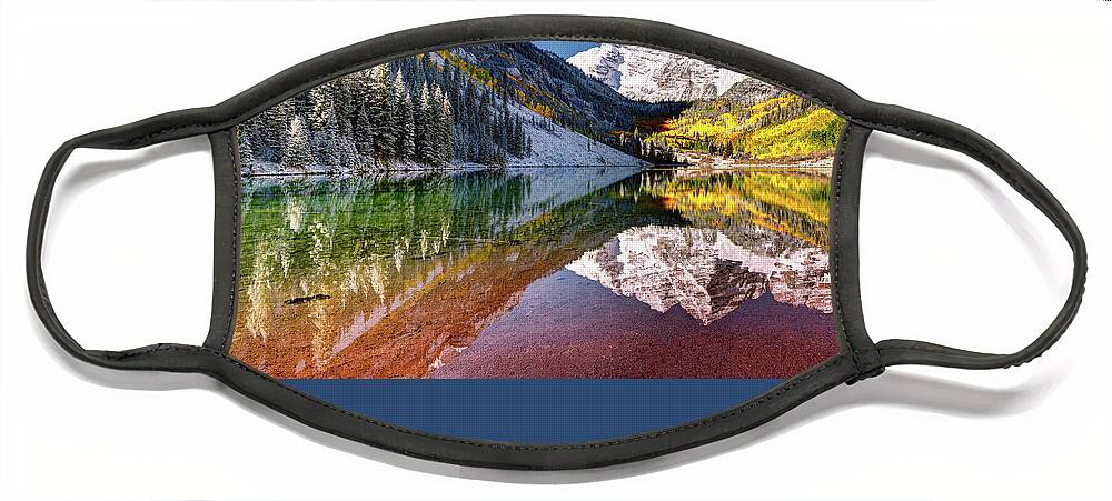 Olena Art Face Mask featuring the photograph Sunrise at Maroon Bells Lake Autumn Aspen Trees in The Rocky Mountains Near Aspen Colorado by OLena Art