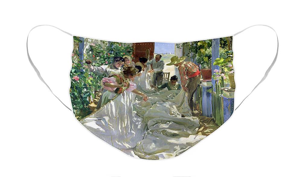 Sewing;straw Hat;geranium;sunshine;worker;workers;greenhouse;conservatory;interior; Pagoda Face Mask featuring the painting Mending the Sail by Joaquin Sorolla y Bastida