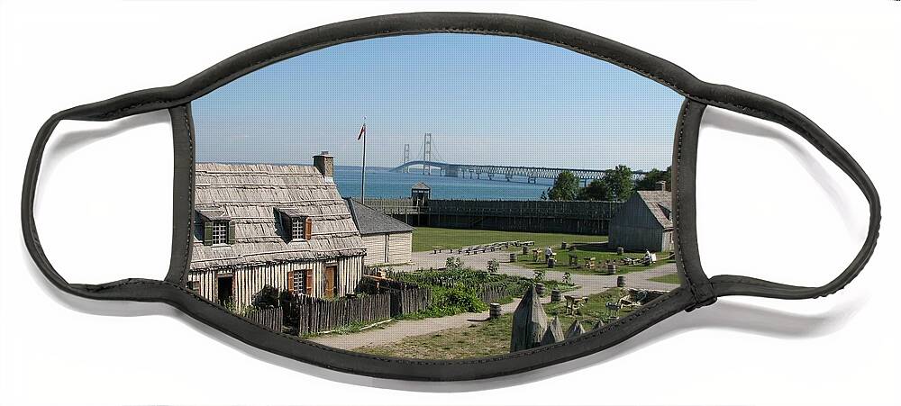 Colonial Michilmackinac Face Mask featuring the photograph Michilimackinac and Mackinac Bridge by Keith Stokes