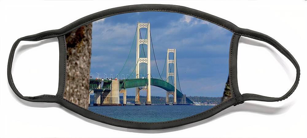 Mackinac Bridge Face Mask featuring the photograph Mighty Mac Framed by Trees by Keith Stokes