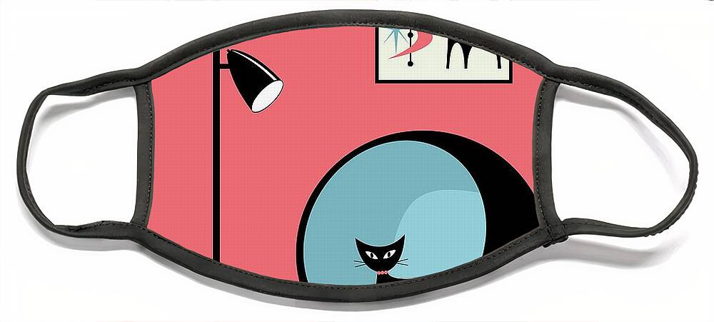 Mid Century Modern Face Mask featuring the digital art Mini Atomic Cat on Pink by Donna Mibus
