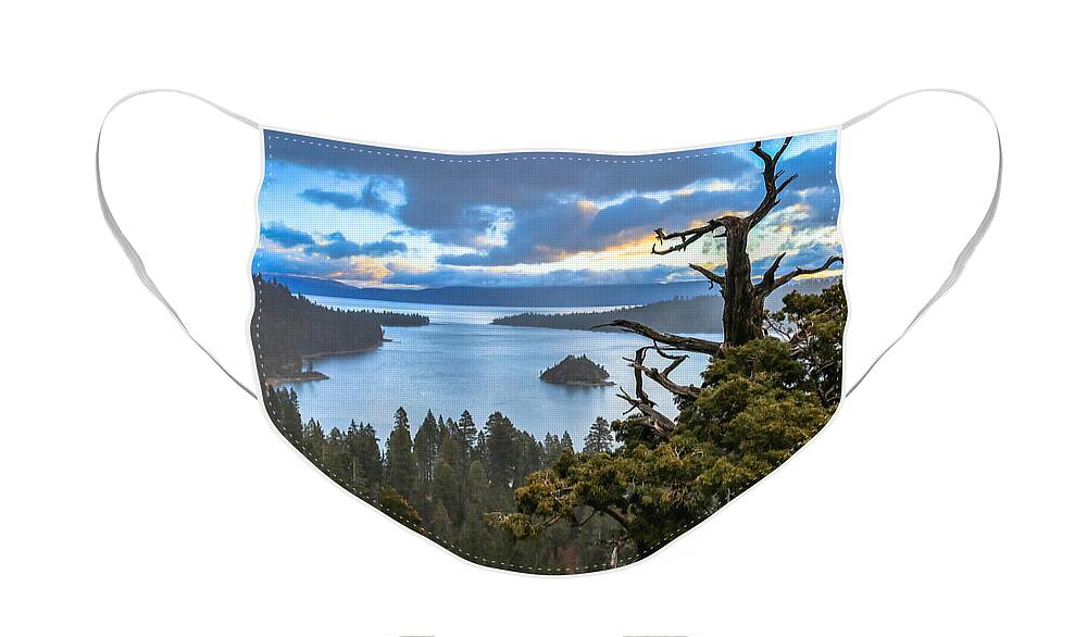 I Was Up Riding My Bike Around Emerald Bay And It Started Snowing Just As The Light Started Looking Really Cool Face Mask featuring the photograph Mistic Tahoe Sunrise by Mike Herron