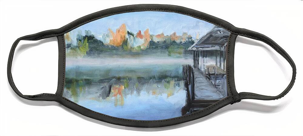 Lake Face Mask featuring the painting Misty Morning Dock at Smith Mountain Lake by Donna Tuten
