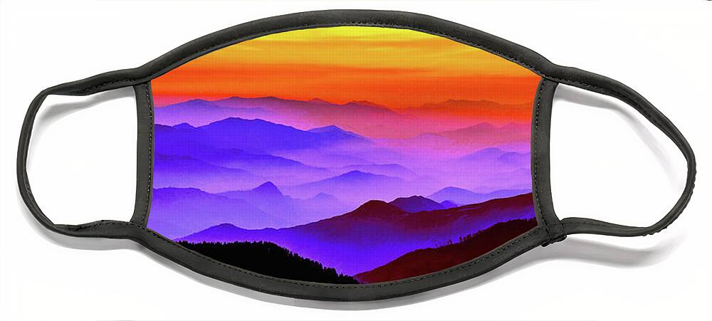 Misty Mountains Sunset Face Mask featuring the mixed media Misty Mountains Sunset by Susan Maxwell Schmidt