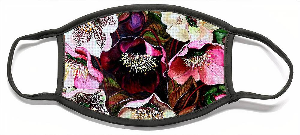 Pink Floral Face Mask featuring the painting Mixed Hellebore by Karin Dawn Kelshall- Best