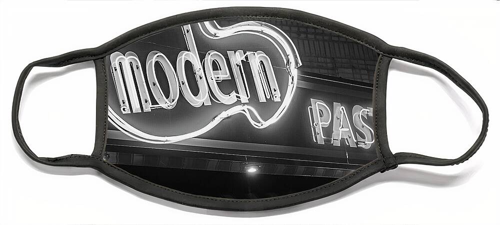 Modern Face Mask featuring the photograph Modern Pastry Shop Boston MA North End Hanover Street Neon Sign Black and White by Toby McGuire