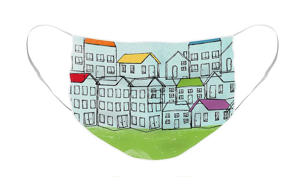 Abstract Landscape Face Mask featuring the painting Modern Village by Linda Woods