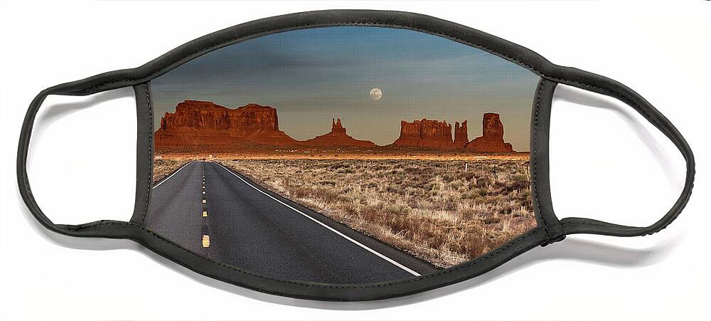 © 2018 Lou Novick All Rights Reserved Face Mask featuring the photograph Moonrise over Monument Valley by Lou Novick