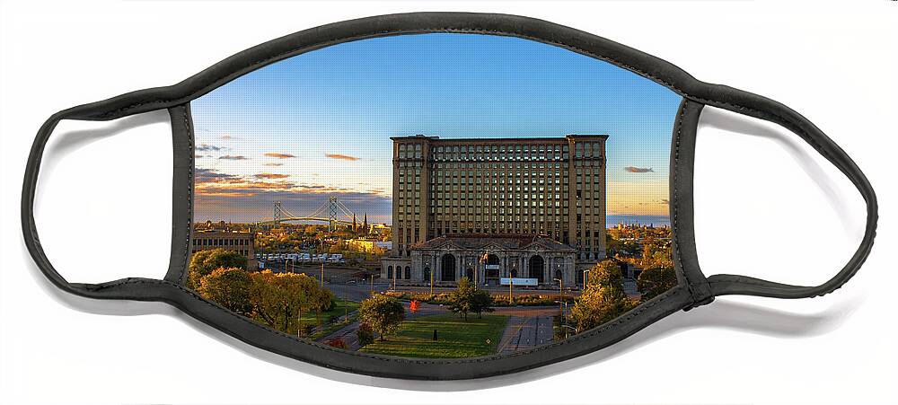 Detroit Face Mask featuring the photograph Morning across Michigan Central Station by Jay Smith