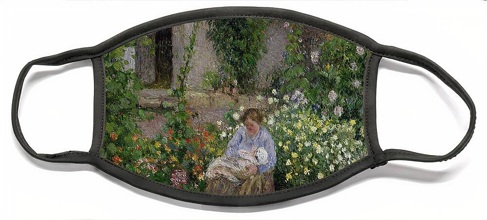 Mother Face Mask featuring the painting Mother and Child in the Flowers by Camille Pissarro
