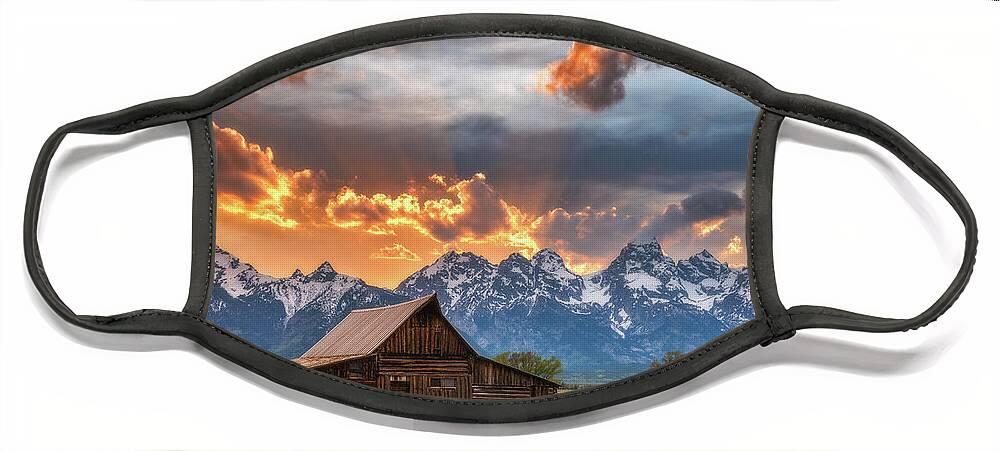 Moulton Barn Face Mask featuring the photograph Moulton Barn Sunset Fire by Darren White