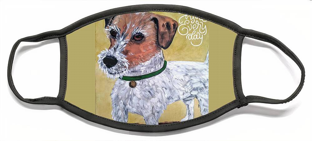 Dogs Face Mask featuring the painting Terrier with green collar by Reina Resto