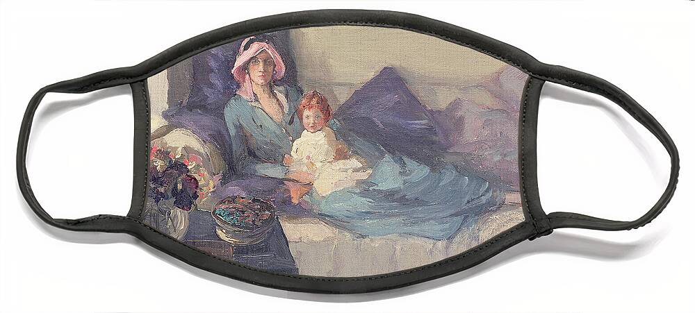 Mother And Child Face Mask featuring the painting Mrs Winston Churchill with her daughter Sarah by John Lavery