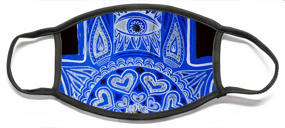 Blue Hamsa Face Mask featuring the painting My Blue Hamsa by Patricia Arroyo