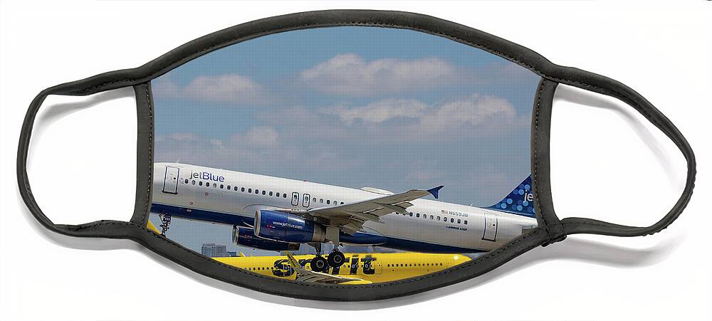 N559jb Face Mask featuring the photograph N559JB Jetblue Over Spirit by Dart Humeston