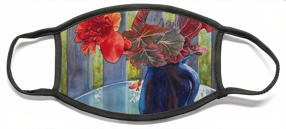 Blue Jug Face Mask featuring the painting Nancy's Begonias by Ruth Kamenev