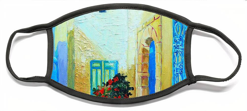 Blue Face Mask featuring the painting Narrow street in Hammamet by Ana Maria Edulescu