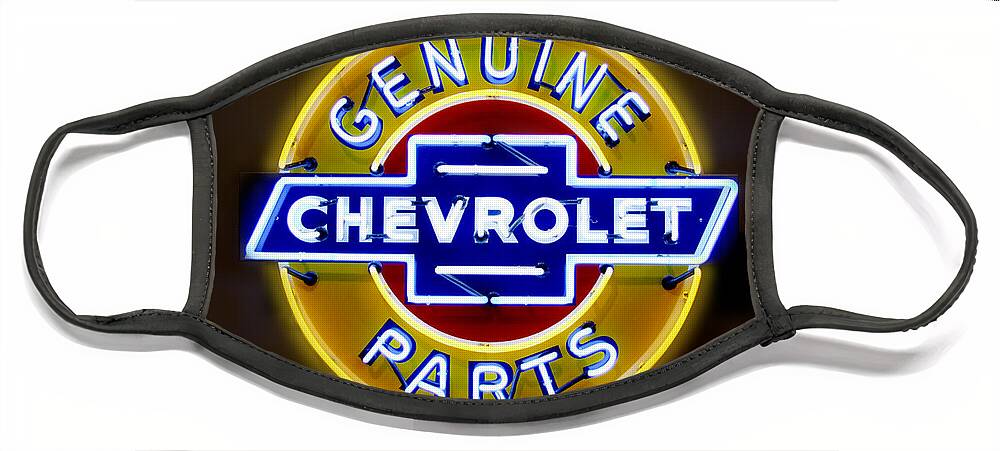 Neon Sign Face Mask featuring the photograph Neon Genuine Chevrolet Parts Sign by Mike McGlothlen