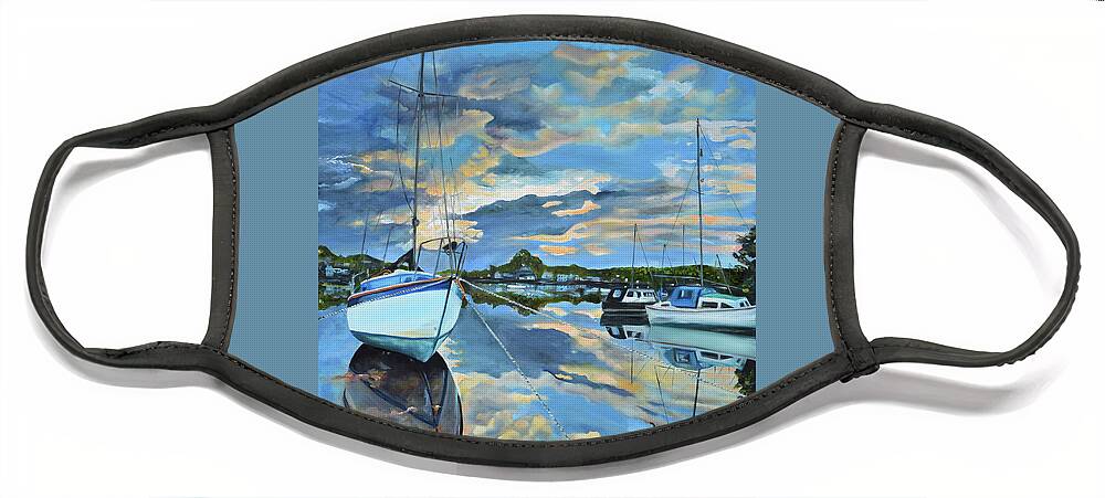 Boats Face Mask featuring the painting Nestled in for the Night at Mylor Bridge - Cornwall UK - Sailboat by Jan Dappen