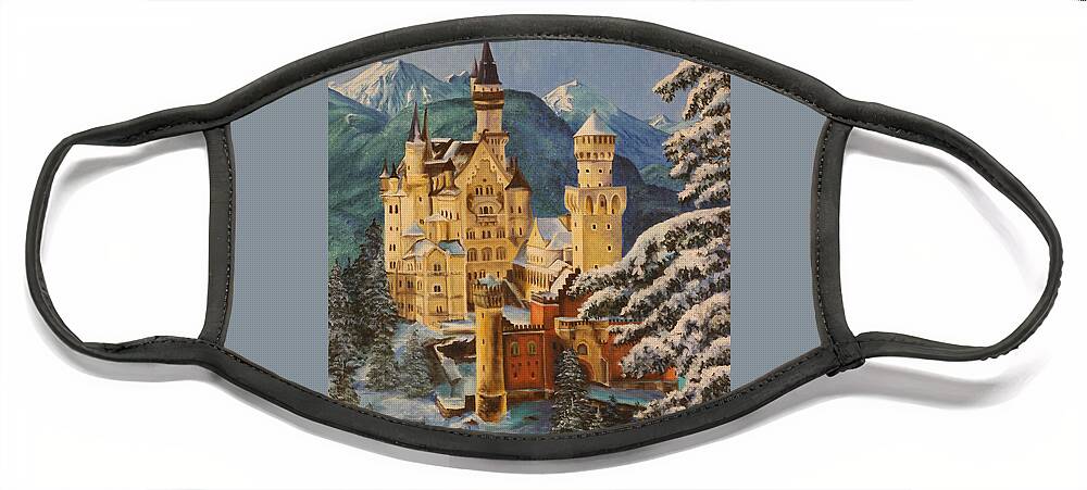 Germany Art Face Mask featuring the painting Neuschwanstein Castle in Winter by Charlotte Blanchard