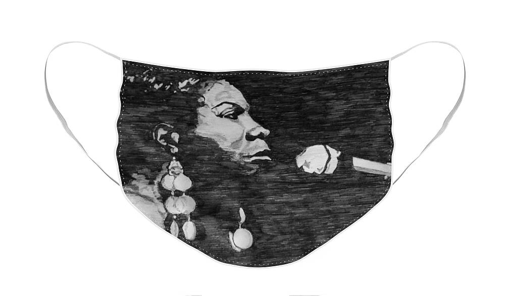 Nina Simone Face Mask featuring the drawing Nina Simone by Rachel Natalie Rawlins