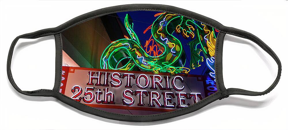 Utah Face Mask featuring the photograph Ogden's Historic 25th Street Neon Dragon Sign by Gary Whitton