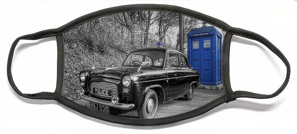 Art Face Mask featuring the photograph Old British Police Car And Tardis by Yhun Suarez