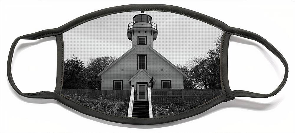 Black And White Lighthouse Face Mask featuring the photograph Old Mission Point Lighthouse by Joann Copeland-Paul
