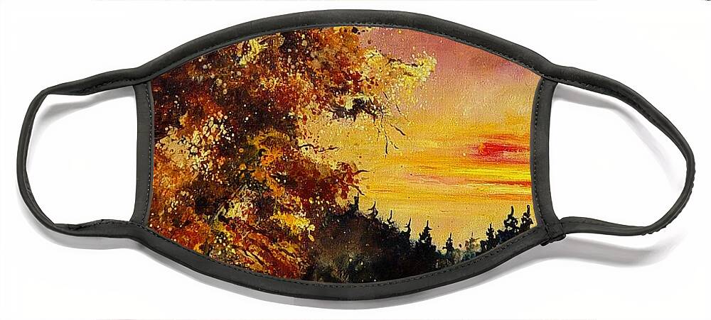 Landscape Face Mask featuring the painting Old oak at sunset by Pol Ledent
