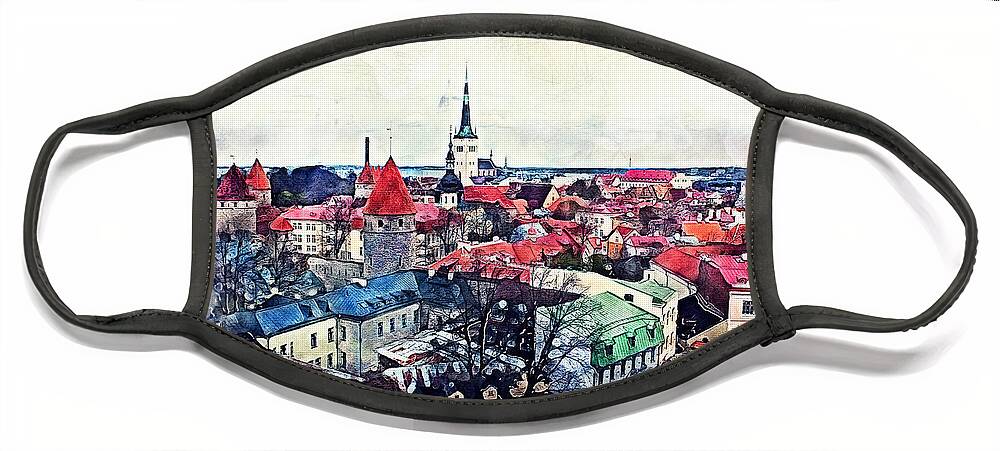 Tallinn Face Mask featuring the painting Old Town of Tallinn by Justyna Jaszke JBJart