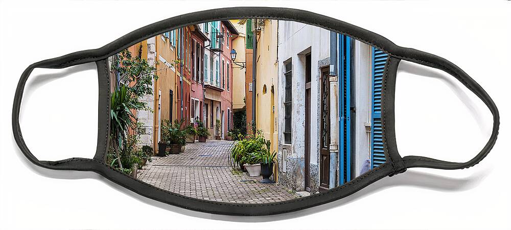 Villefranche-sur-mer Face Mask featuring the photograph Old town street in Villefranche-sur-Mer by Elena Elisseeva
