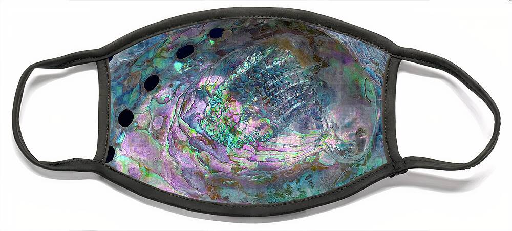 Abalone Face Mask featuring the photograph Opalescent Abalone Seashell on Blue Velvet by Kathy Anselmo