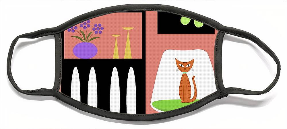  Face Mask featuring the digital art Orange Cat in Pink Room by Donna Mibus