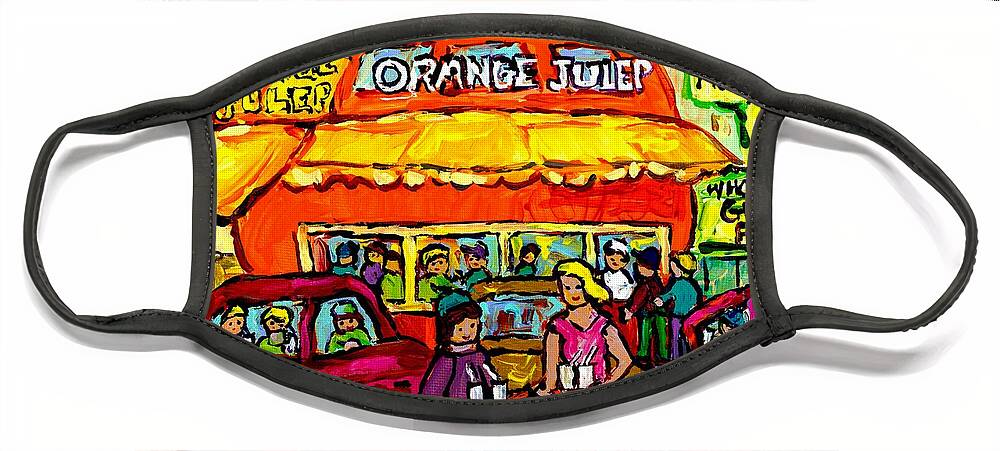 Montreal Face Mask featuring the painting Orange Julep Fast Food Restaurant Decarie Skyline Canadian Painting For Sale Carole Spandau     by Carole Spandau