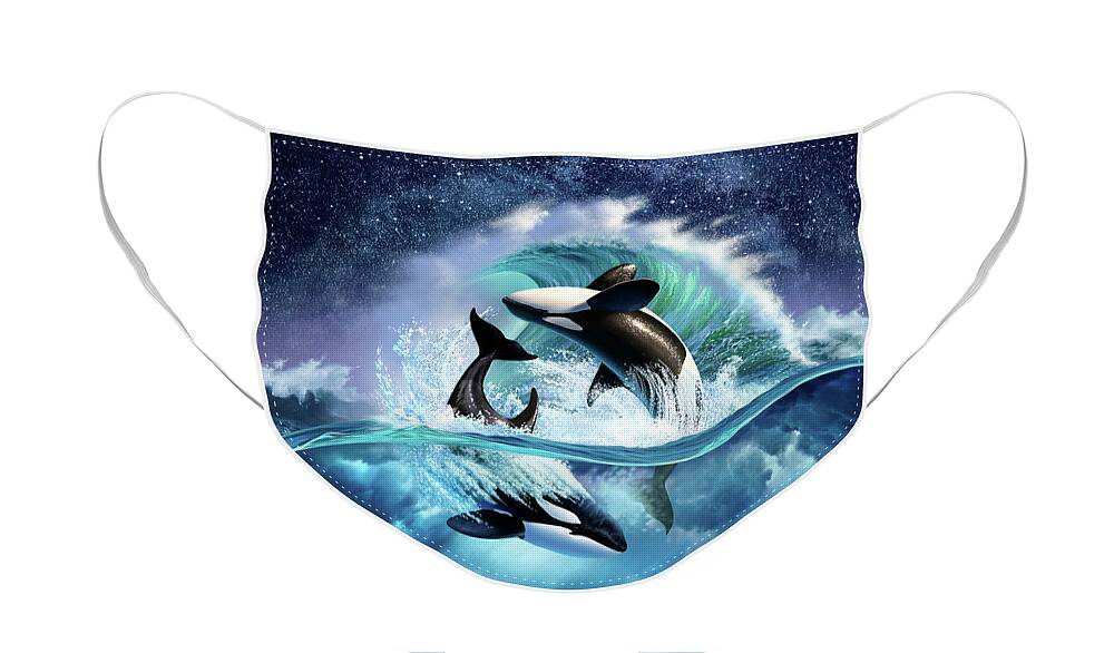 #faatoppicks Face Mask featuring the digital art Orca Wave by Jerry LoFaro