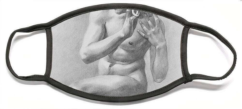 Charcoal Face Mask featuring the drawing Original Charcoal Drawing Art Male Nude Boy On Paper #16-3-11-26 by Hongtao Huang