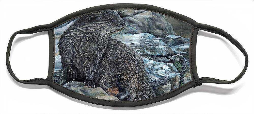 Otter Face Mask featuring the painting Otter on Rocks by John Neeve