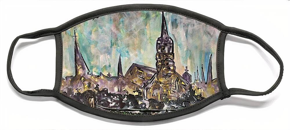 Cityscape Face Mask featuring the mixed media Our Lady of the Lake University in the Distance by Angela Weddle